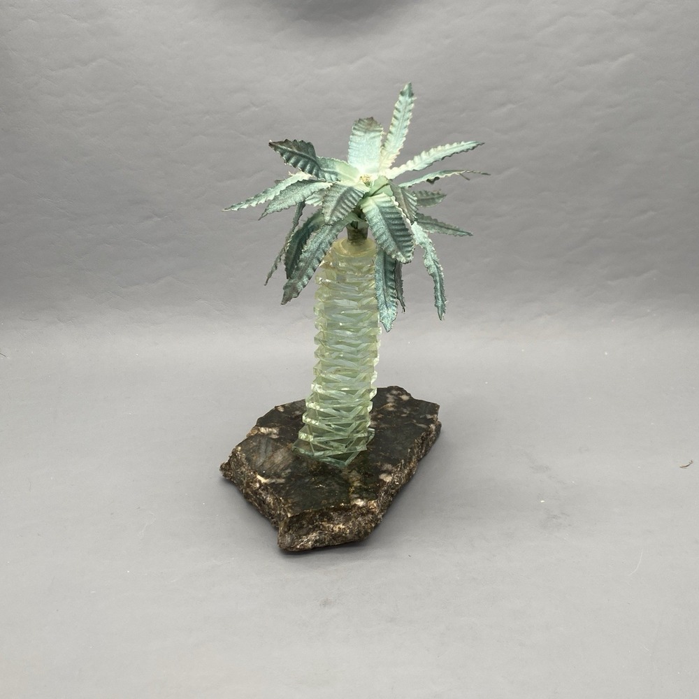 Vintage Light-Up Glass Palm‎ Tree Sculpture on Stone Base - Mid Century Decor